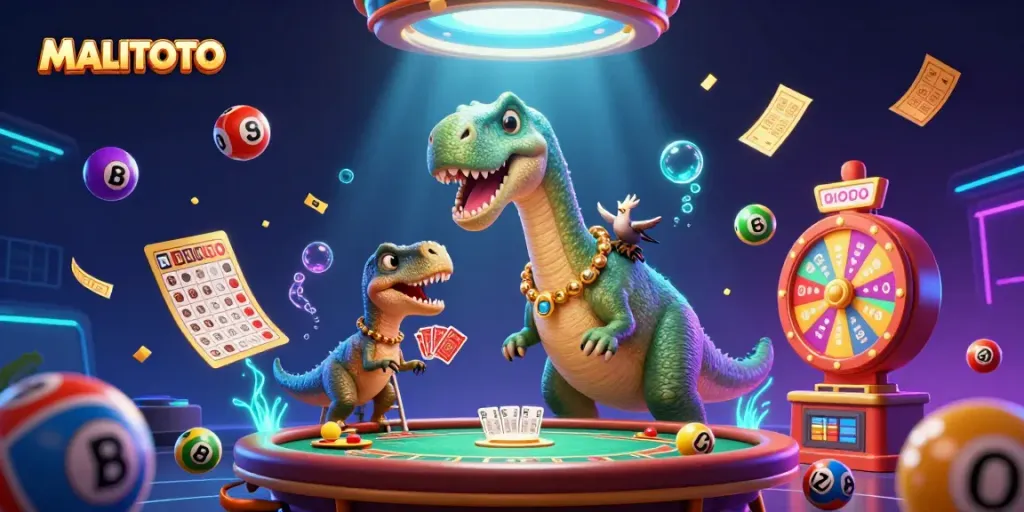 MALITOTO brings excitement with a giant brontosaurus and raptor in a vibrant casino scene.