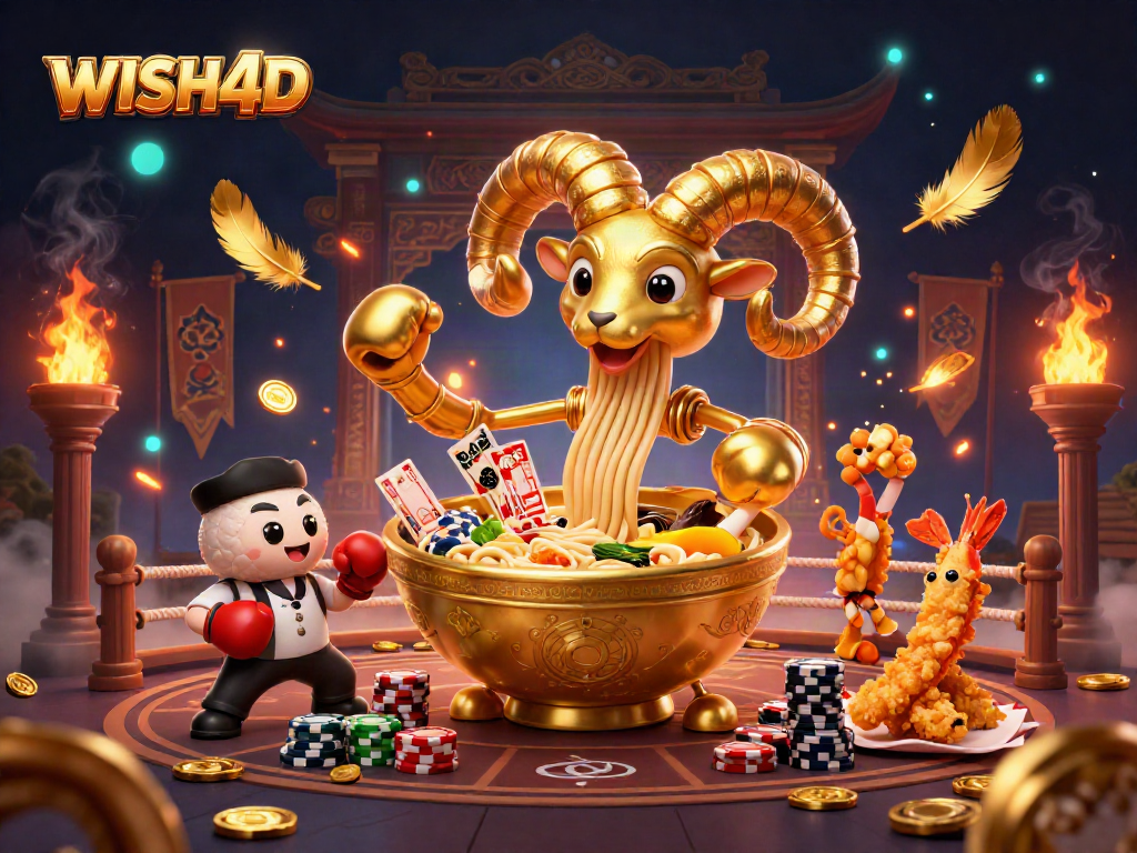 Experience the vibrant WISH4D casino scene filled with animated characters and game elements.