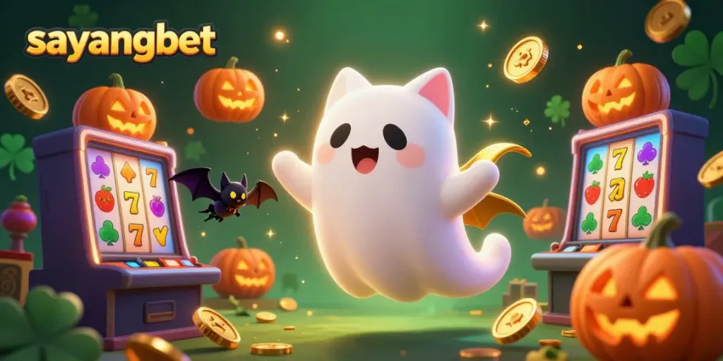 Play exciting games at sayangbet with a friendly ghost cat and glowing slot machines in a dynamic casino scene.