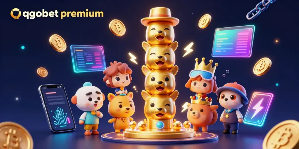 Win big at qqgobetpremium with 3D animated casino elements and vibrant crypto symbols.