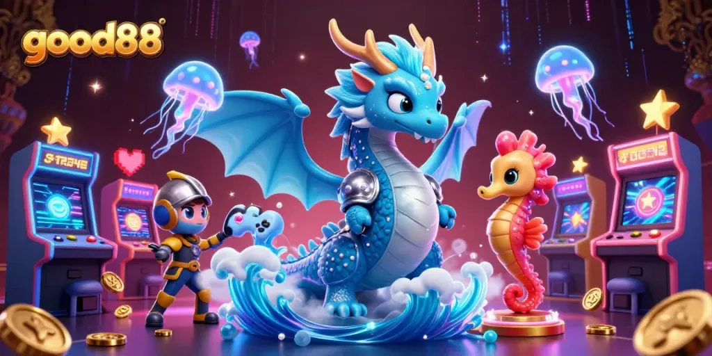 Engage in the thrilling world of good88 with a vibrant, action-packed 3D casino scene alive with colorful game elements.