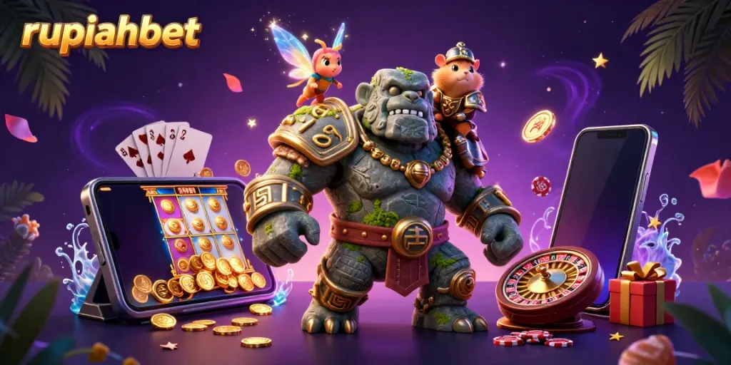 Experience the magical world of rupiahbet with a golem guardian and fairy casting spells amidst vibrant casino elements.