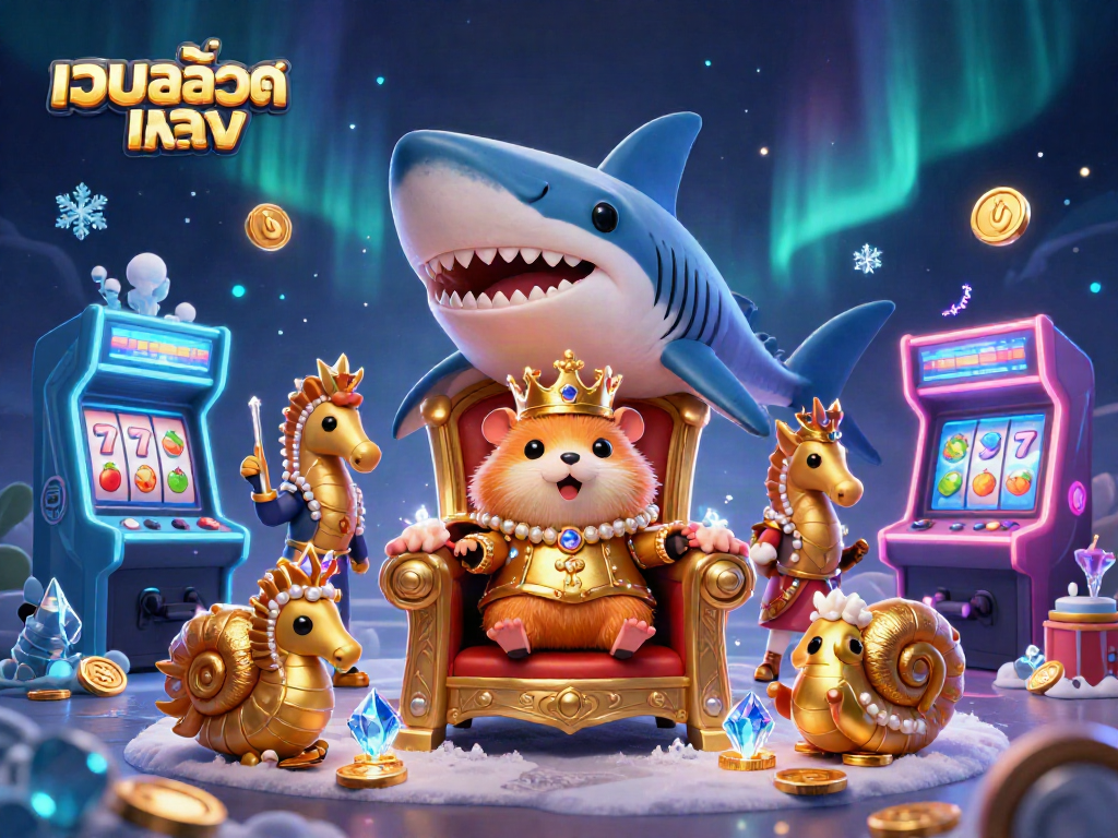Play เว็บสล็อตตรง with a golden hamster king on a megalodon throne surrounded by vibrant gaming elements.