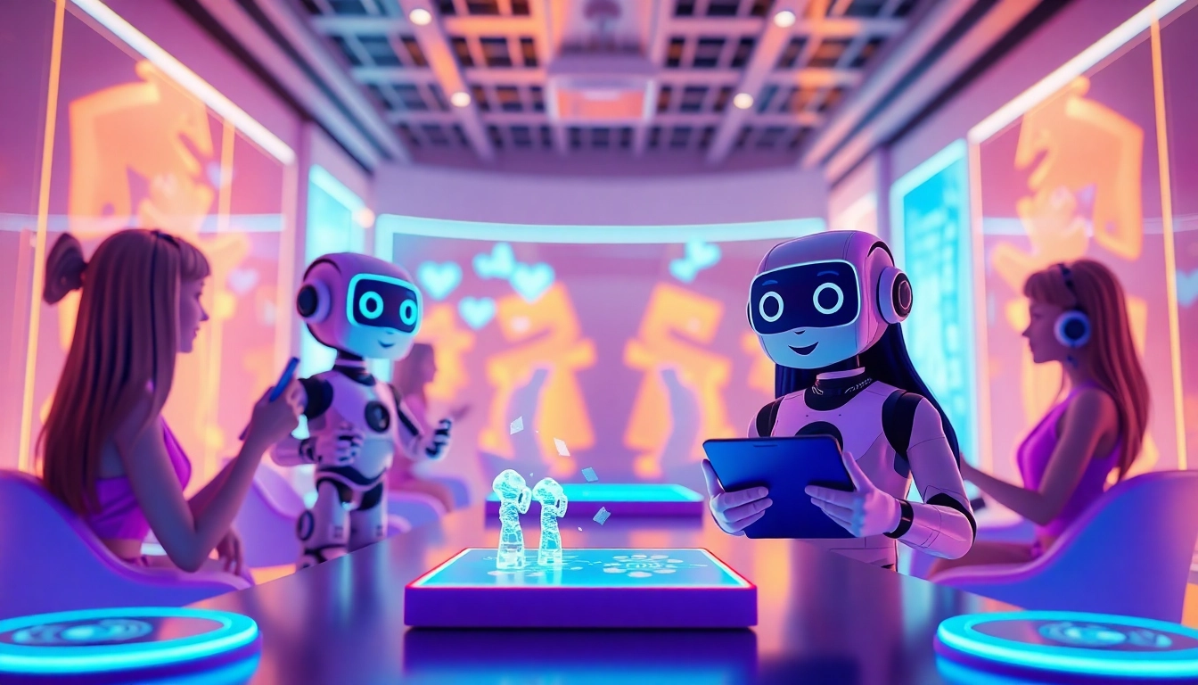 Engaging scene of Crush on AI interaction with animated chatbots in a futuristic setting.