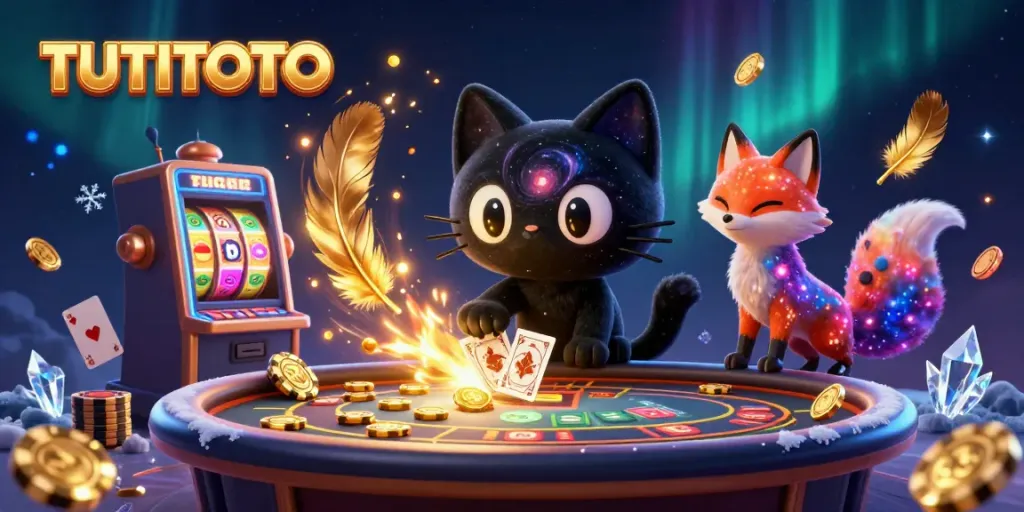 TUTITOTO entertains players at a cosmic casino with a black hole cat and nebula fox, showcasing vibrant gambling fun.