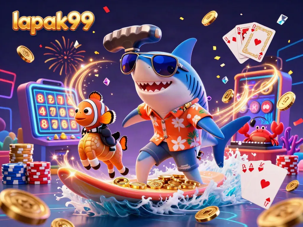 Experience winning vibes with lapak99 as a shark and fish celebrate on casino coins and slots.