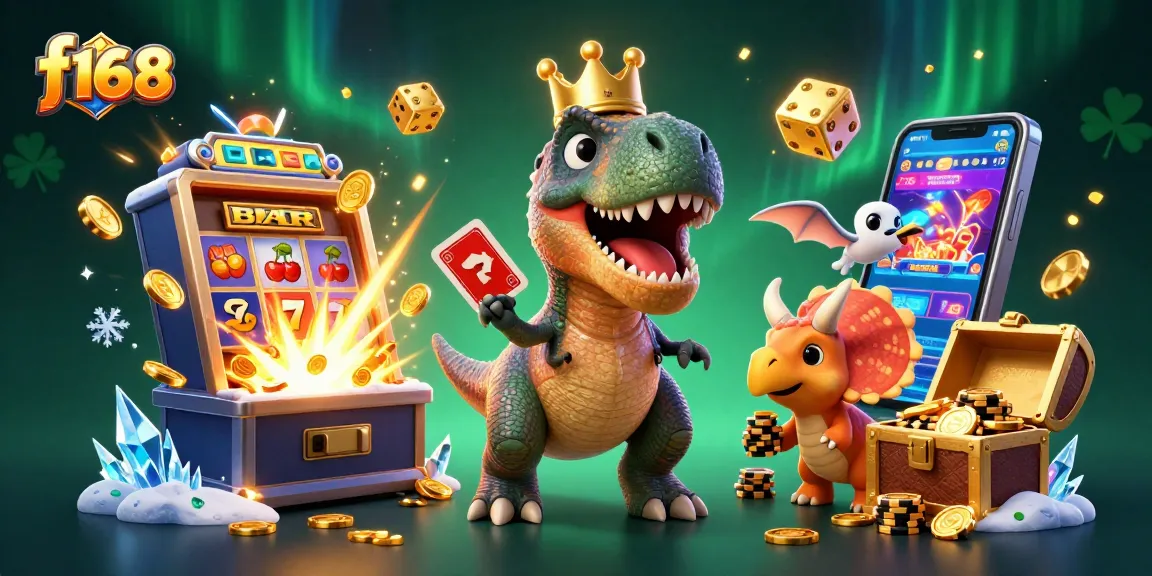 Experience thrilling gaming with f168's dynamic 3D cartoon scene featuring iconic T-Rex and casino symbols.