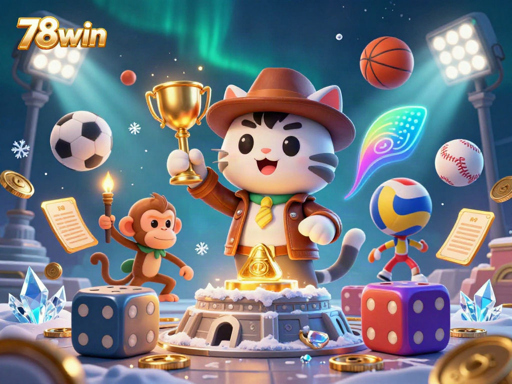 Experience the thrill of 78win casino with a vibrant illustration featuring an explorer cat discovering golden treasures.