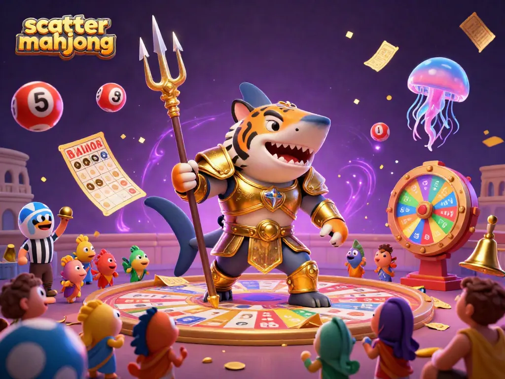 Engage in scatter mahjong as a vibrant underwater scene unfolds with a shark in gladiator armor and lively lottery balls.
