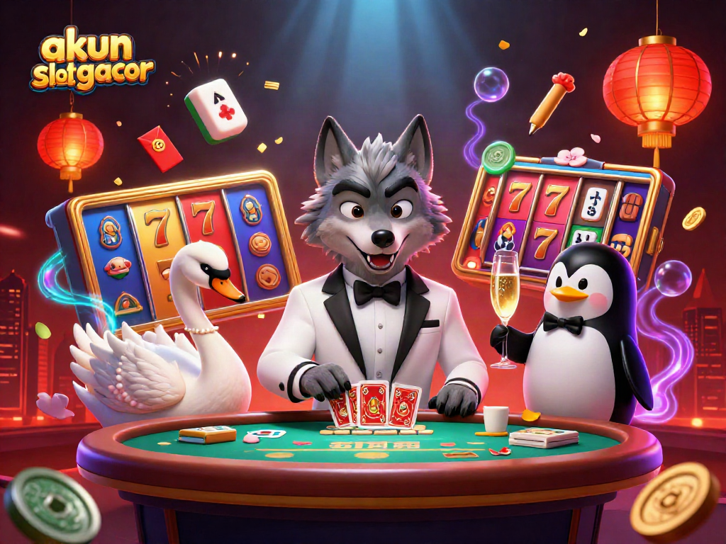 Visualisasi permainan akun slot gacor yang menampilkan karakter kartun dalam suasana kasino yang dinamis.