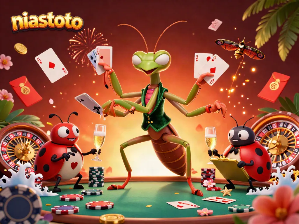 Permainan kartu yang menarik bersama niastoto, di lingkungan kasino 3D yang berwarna dan dinamis.