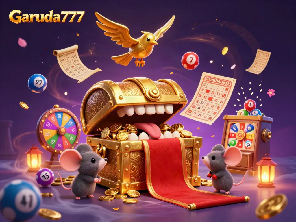 Permainan slot Garuda777 menghadirkan peti harta karun yang menggoda, dikelilingi bola lotre berwarna-warni.