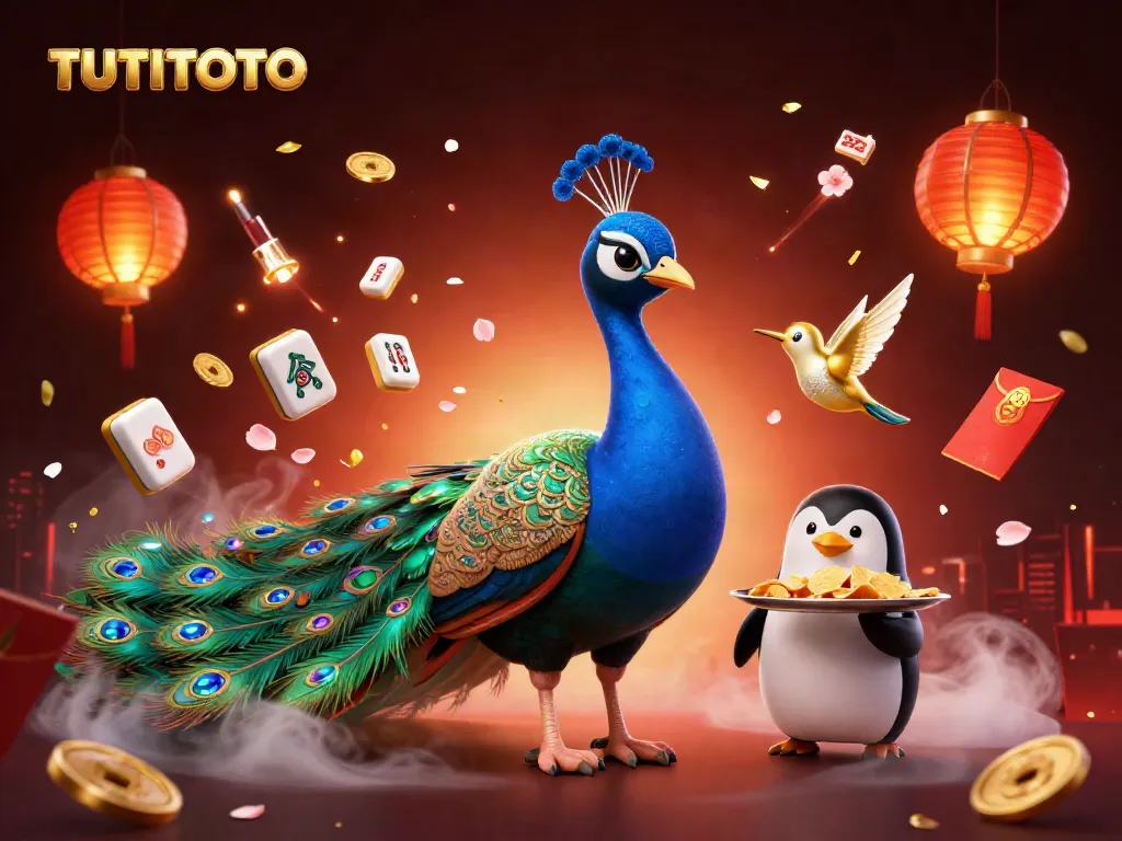 TUTITOTO showcases a vibrant scene of a peacock, a butler penguin, and a hummingbird amidst gambling elements representing fortune and fun.