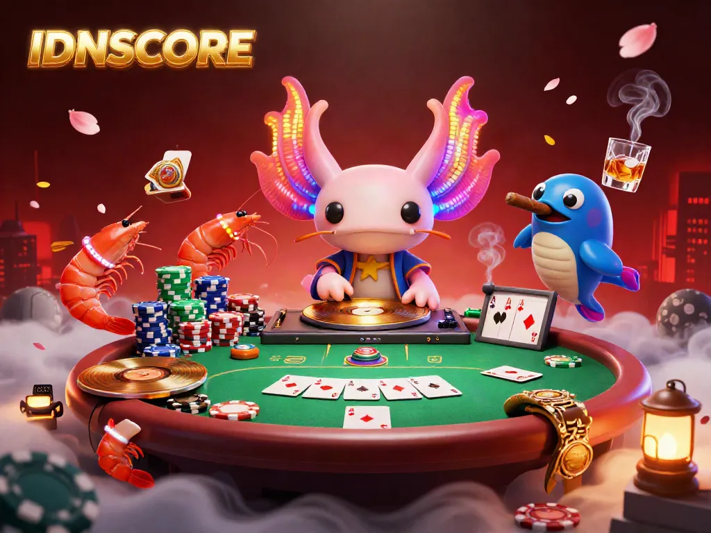 Experience IDNSCORE with a vibrant axolotl DJ, poker elements, and glowing marine dancers in an underwater casino.