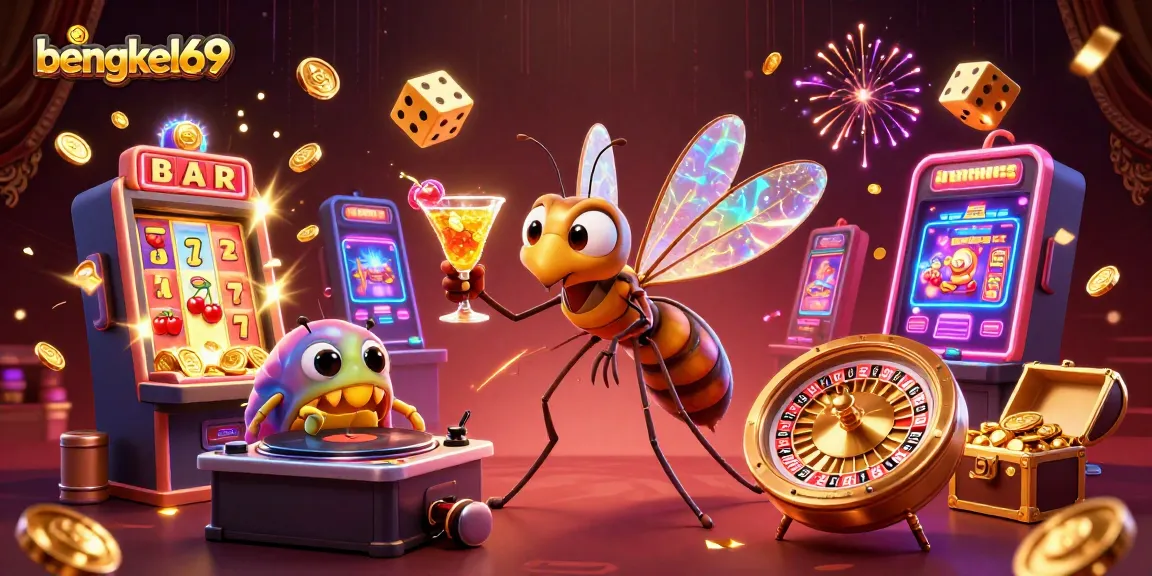 Bengkel69 brings excitement as a frozen mosquito mascot showcases casino thrills with a golden cocktail.