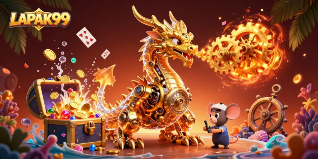 LAPAK99 casino gaming scene with a golden dragon and mouse engineer amidst treasure and glowing coral.