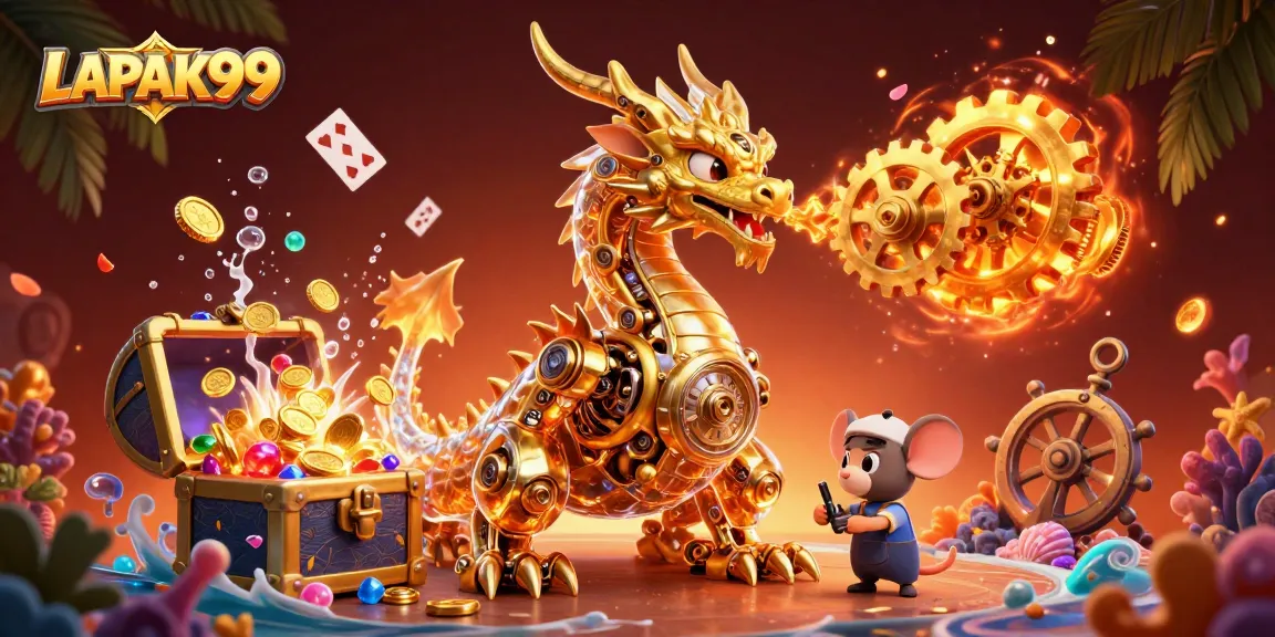 LAPAK99 casino gaming scene with a golden dragon and mouse engineer amidst treasure and glowing coral.