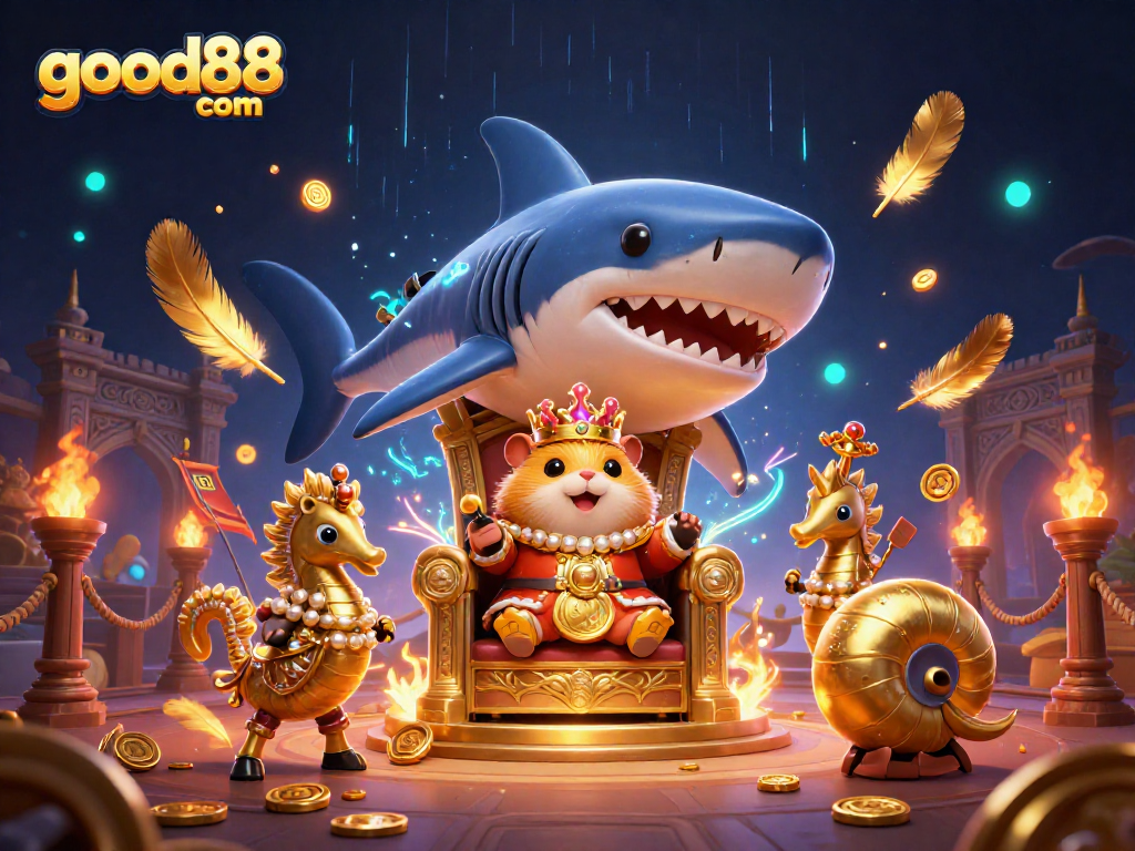 Engage with exciting games at good88 com, featuring a golden hamster king in a vibrant casino scene.