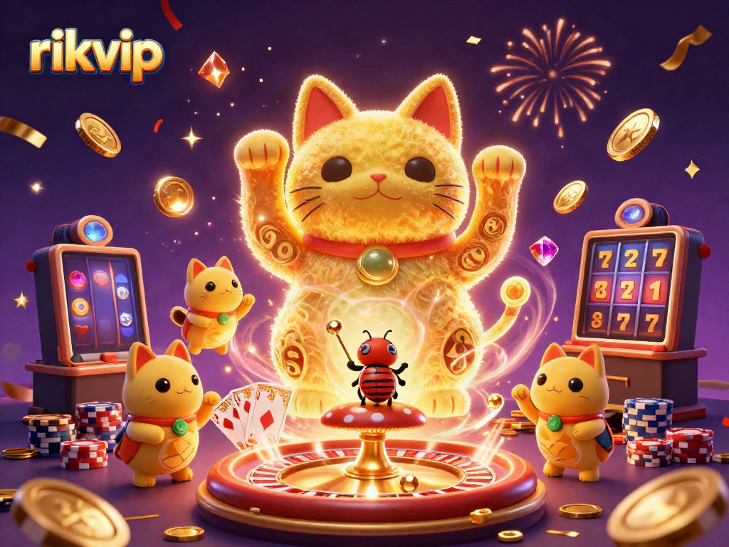 Experience rikvip's excitement with a dynamic lucky cat illustration amidst casino elements.