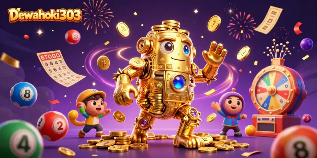 Dewahoki303 menampilkan slot emas berkilauan dengan simbol mesin slot dan efek hujan uang