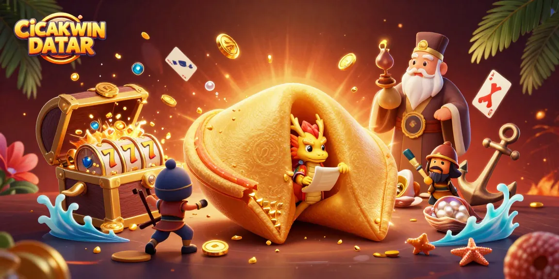 CICAKWIN DATAR offers an exciting slot game experience with a golden fortune cookie and dynamic characters.