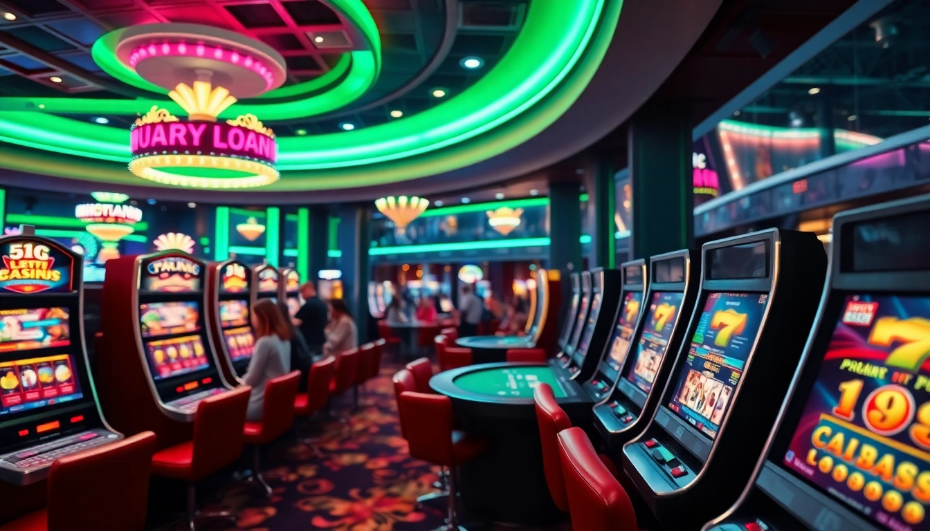 Menampilkan suasana kasino dengan dentoto yang memikat pada mesin slot dan meja poker.