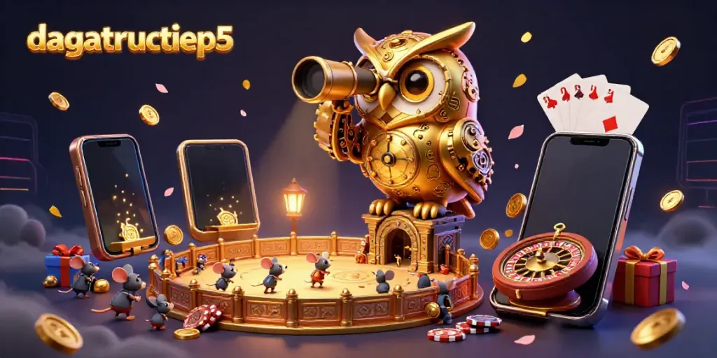 Experience thrilling cockfighting with dagatructiep5 in a colorful 3D casino illustration.