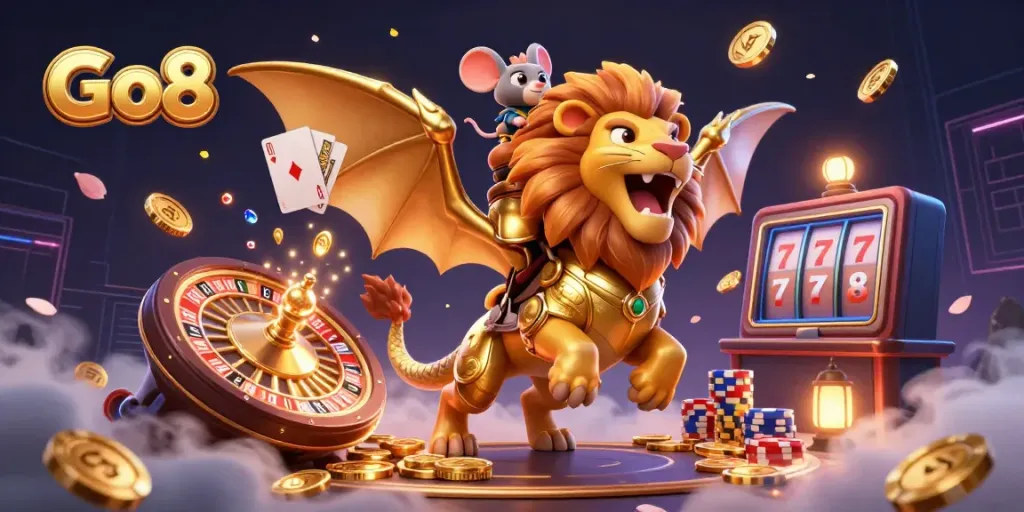 Go8 inspires adventurous gameplay with a roaring chimera and casino elements in a dynamic 3D scene.