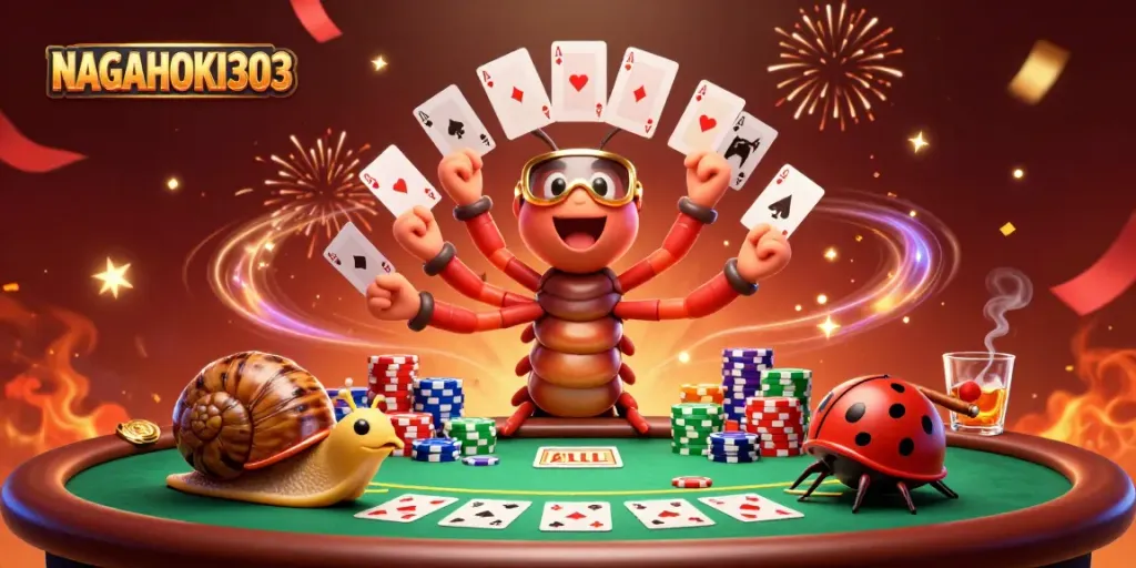 NAGAHOKI303 presents a vibrant casino scene with animated characters showcasing poker excitement.