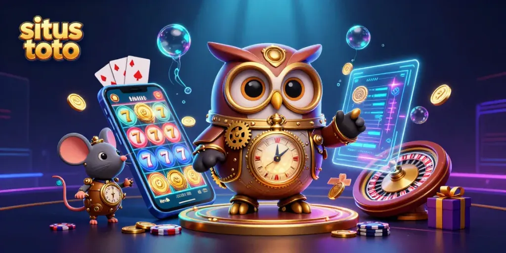 Permainan situs toto yang menegangkan ditampilkan dengan karakter kartun dan elemen kasino.
