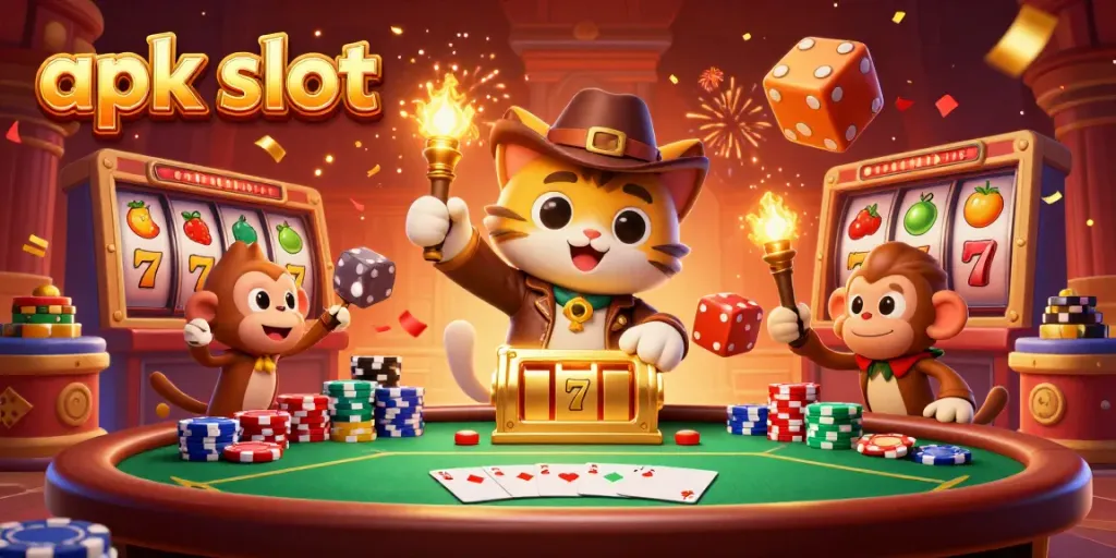 Mengungkap jackpot di apk slot dengan kucing penjelajah dan monyet di kasino kuno, suasana meriah.