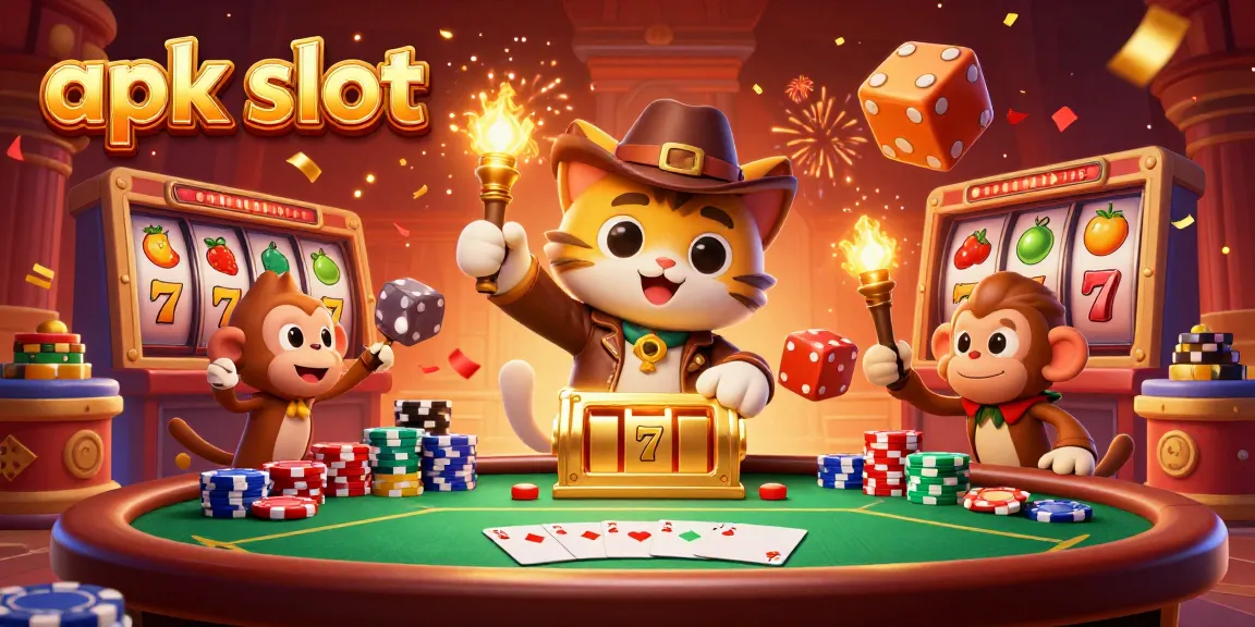 Mengungkap jackpot di apk slot dengan kucing penjelajah dan monyet di kasino kuno, suasana meriah.