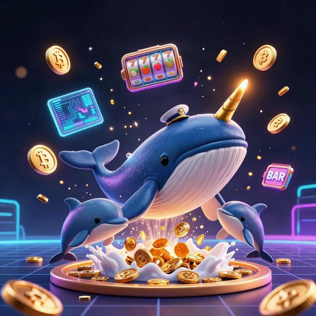 Paus kapten, narwhal, dan lumba-lumba menembus lautan koin neon di latar kasino gelap.