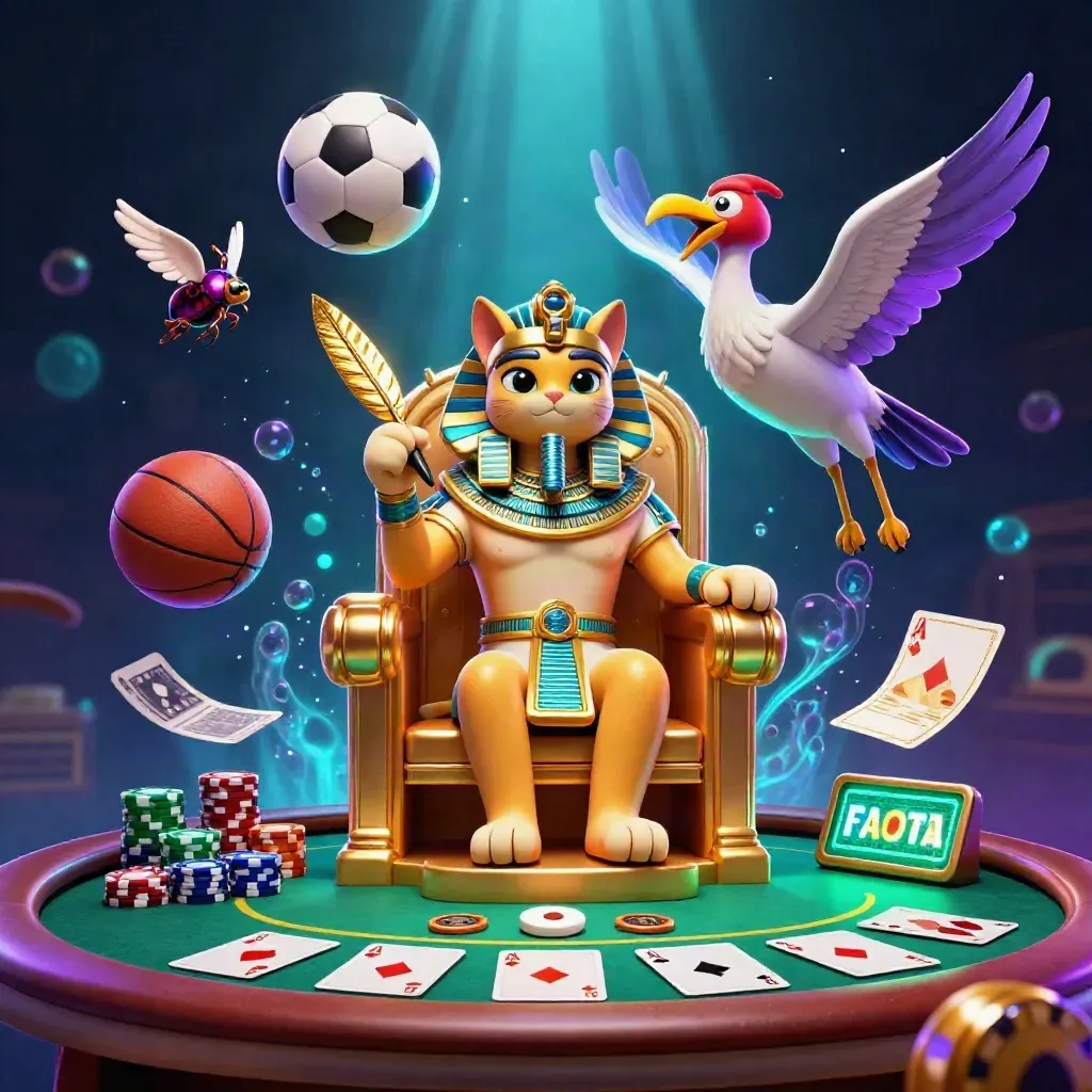 Kucing firaun kartun di singgasana emas, ibis, scarab, bola sepak, chip poker, cahaya neon.