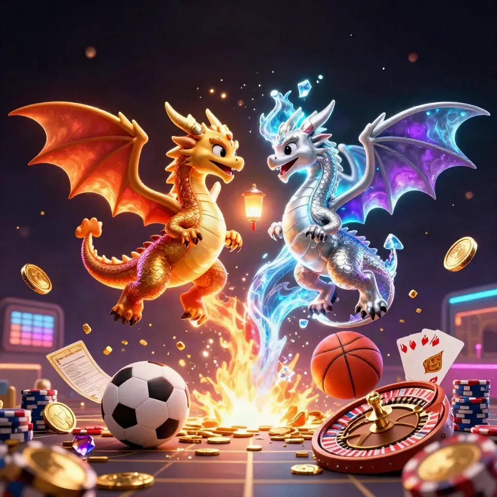 Dua naga emas dan perak, bola, koin, roulette, kartu, dan chip bertebaran.