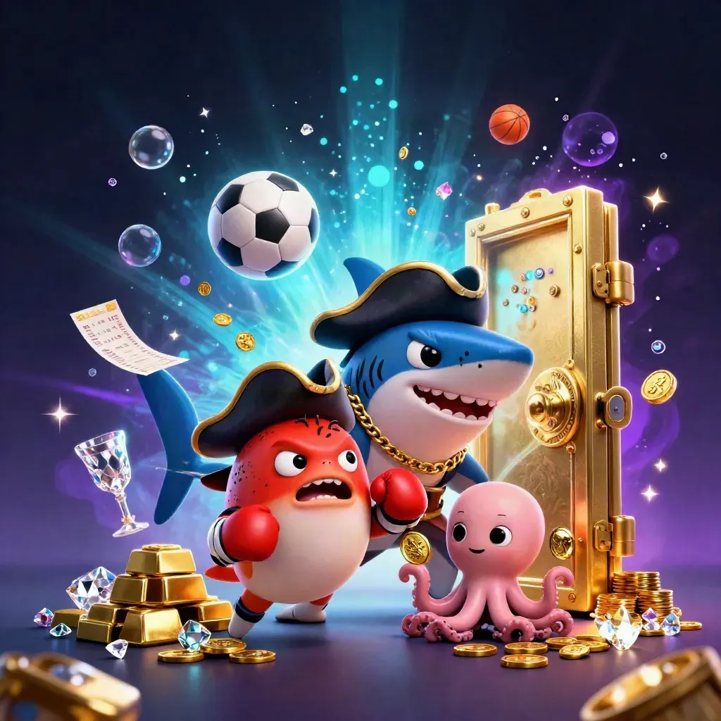 Hiu bajak laut, ikan buntal, dan gurita bayi meledak bersama bola, koin, dan peti emas neon.