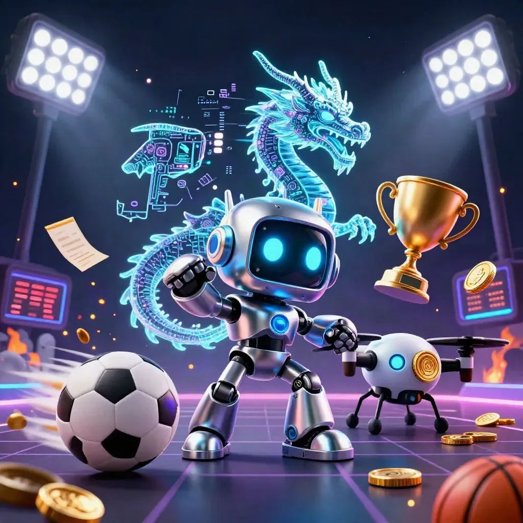 Robot cyberpunk, naga hologram, dan drone di latar kasino neon dengan bola dan koin beterbangan.