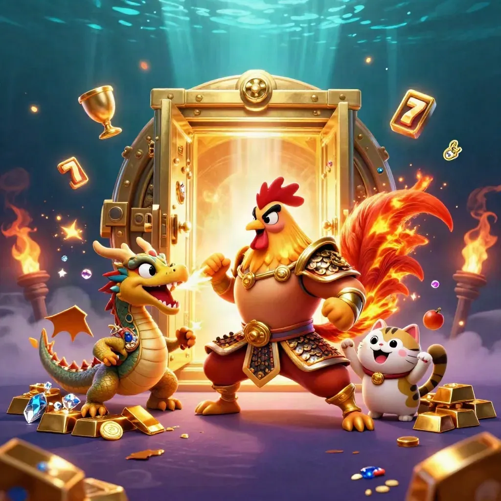 Ayam samurai emas, naga kecil, dan kucing keberuntungan di depan brankas harta bercahaya.