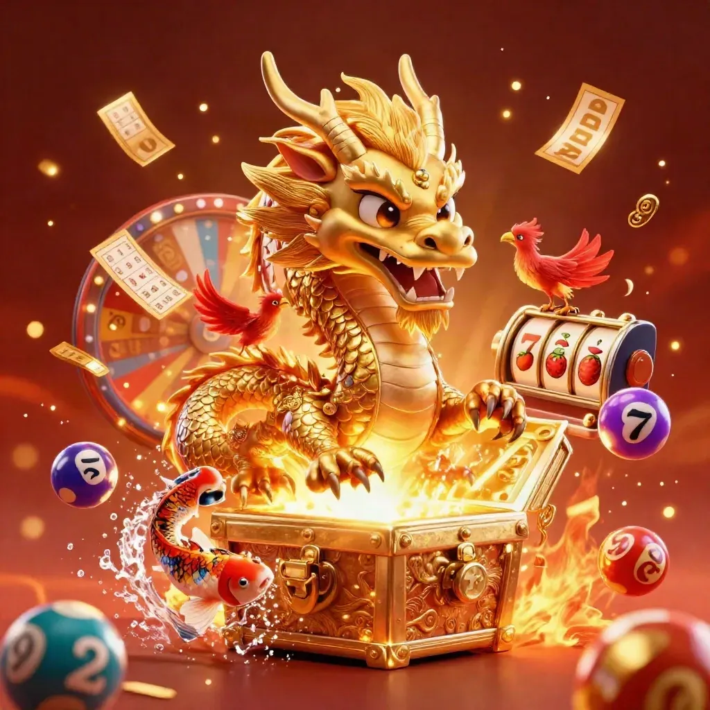 Naga emas, burung phoenix, ikan koi, dan hadiah kasino meledak dengan efek cahaya neon