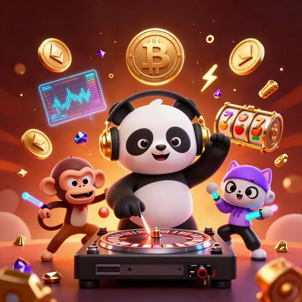 Panda DJ, monyet breakdance, dan kucing rave dikelilingi koin kripto dan kilat neon.