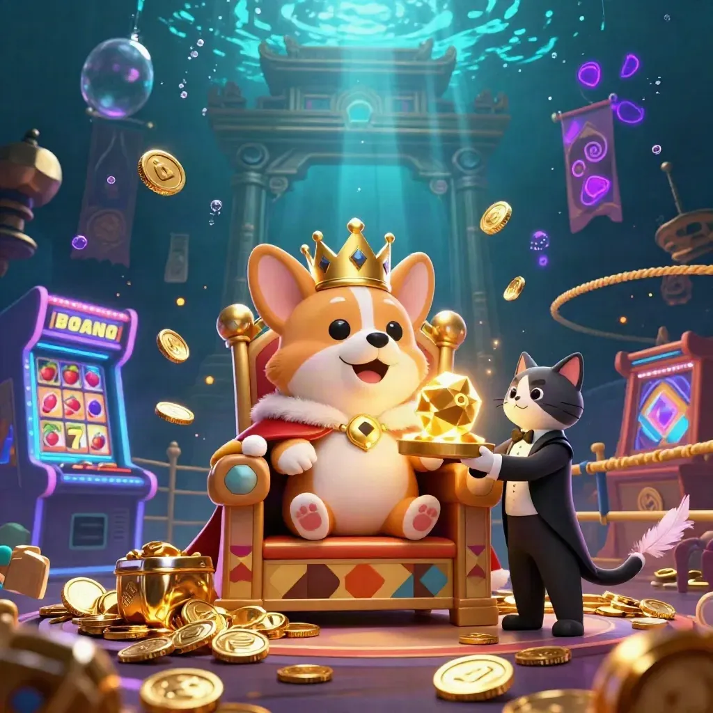 Corgi mahkota dan kucing butler di lautan slot, koin emas, kuil, dan efek neon.