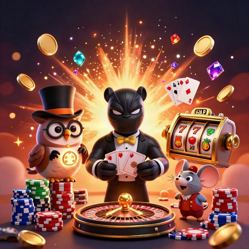 Harimau hitam, burung hantu, dan tikus kasino dikelilingi koin emas, jackpot, dan cahaya neon.