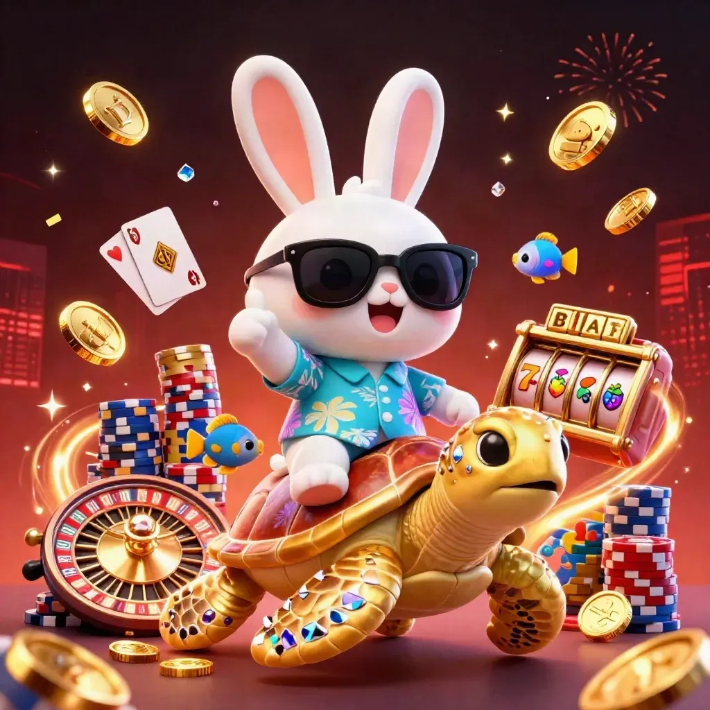 Kelinci lucu naik kura-kura emas dengan koin, chip, kartu, dan efek kasino neon.