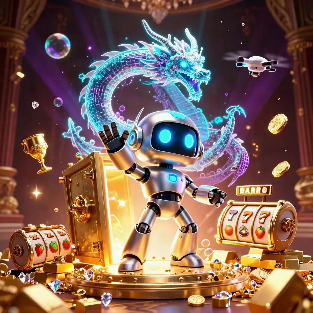 Robot cyberpunk, naga hologram, dan drone di depan brankas emas meledak neon.