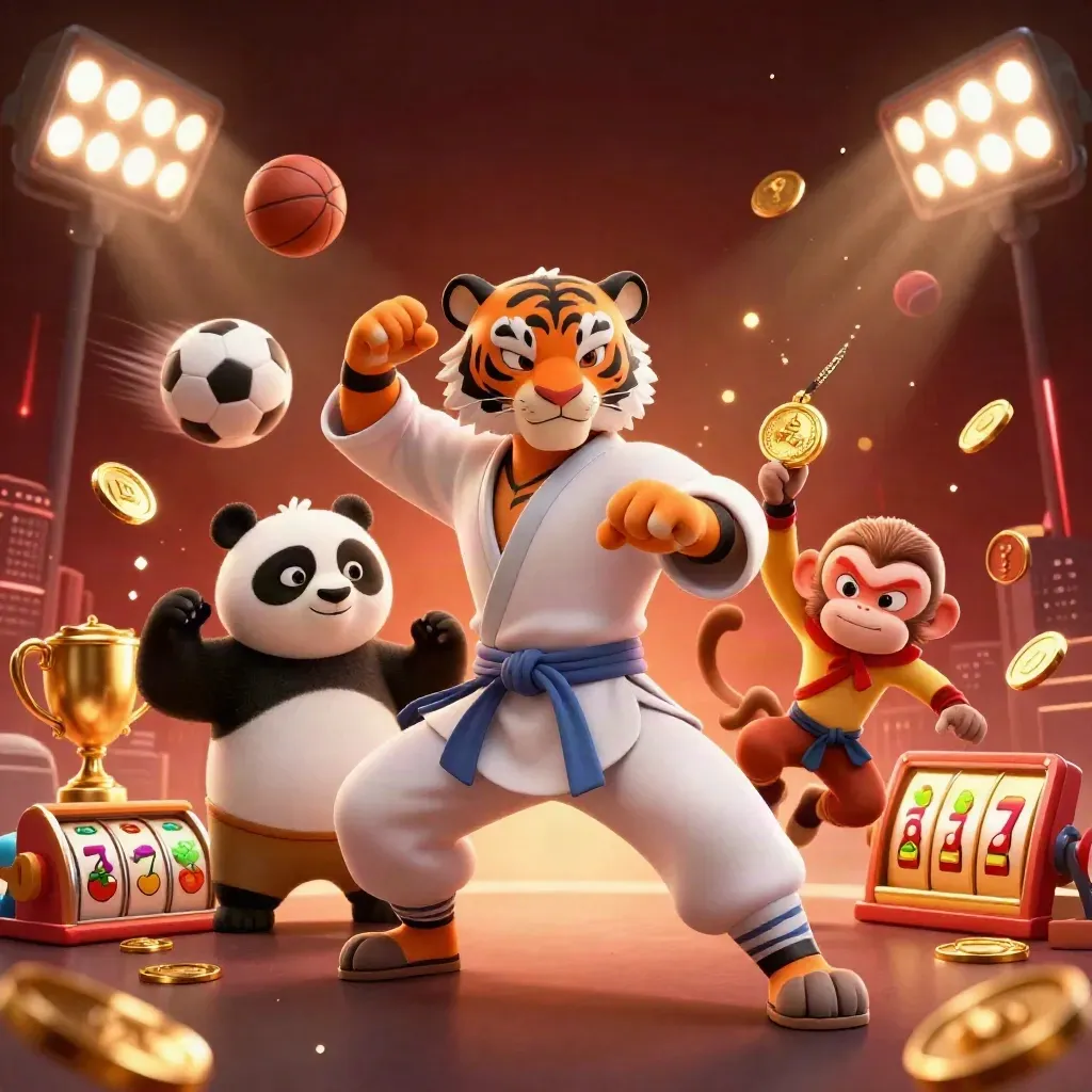 Tiger kung-fu, panda, dan monyet di tengah simbol slot dan koin emas