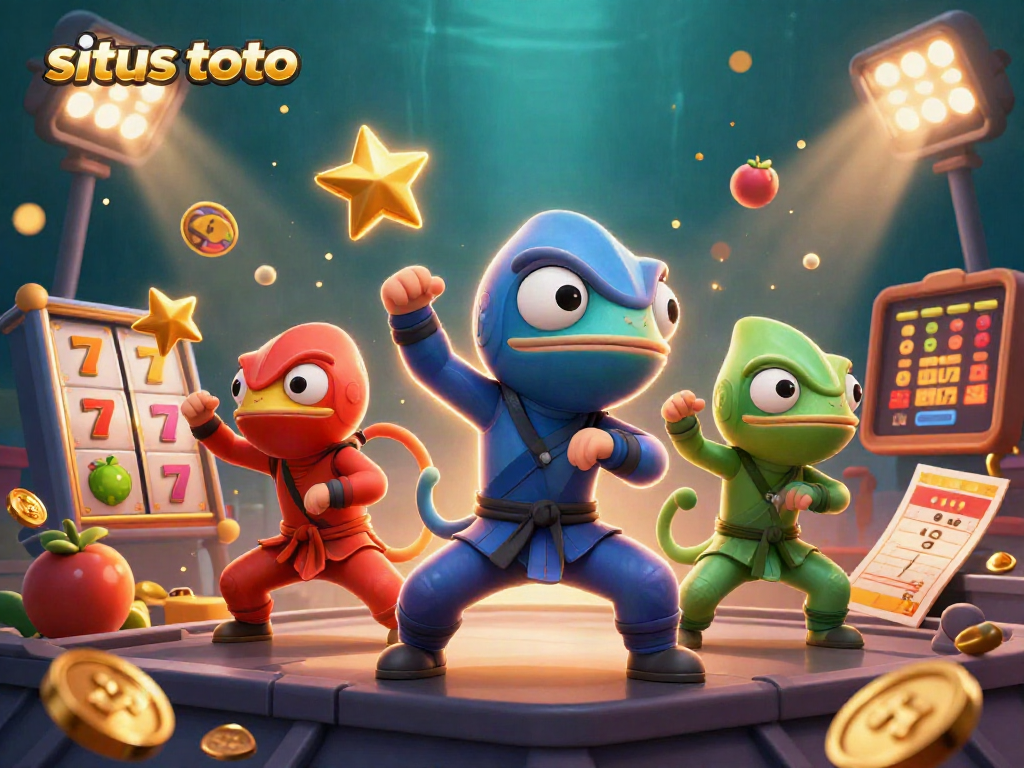 Gambarkan pengalaman bermain situs toto dengan tim ninja chameleon beraksi dengan simbol slot dan koin emas di sekitar mereka.