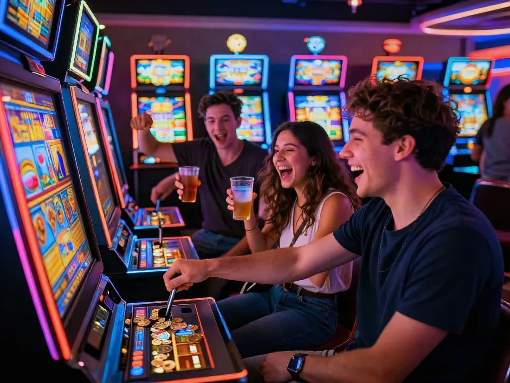 Pengalaman bermain pecah25 slot dengan teman-teman di mesin slot yang cerah dan meriah.