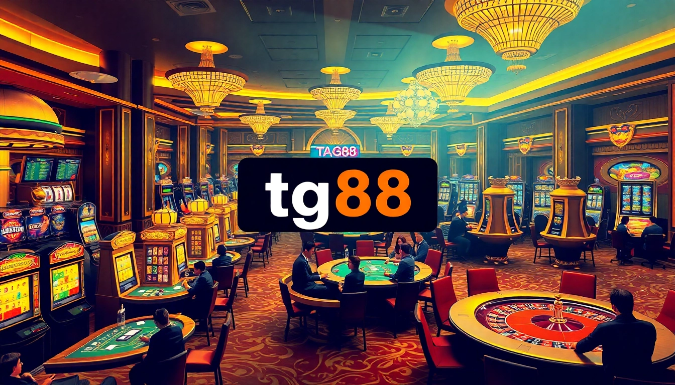 Players enjoying the excitement of games at a luxurious casino featuring the tg88 link prominently displayed.