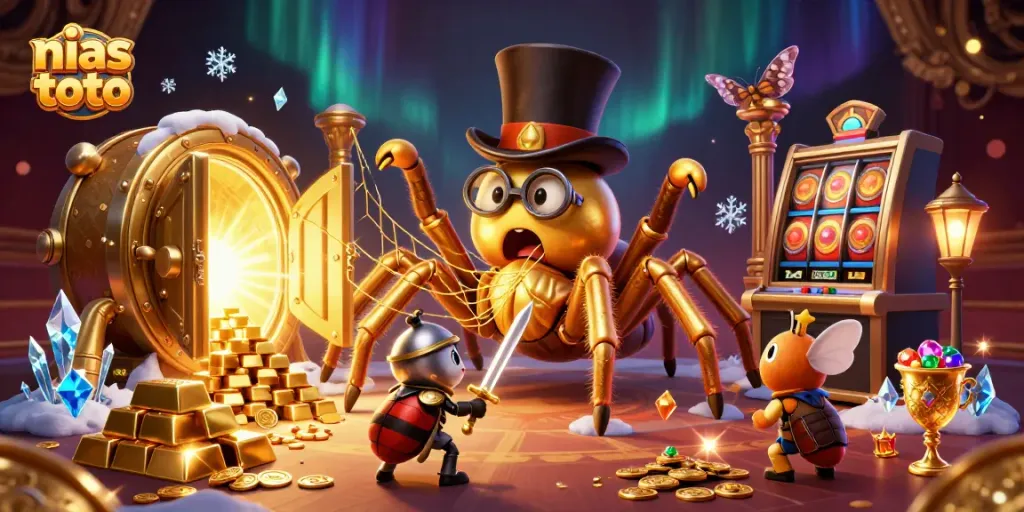 Memenangkan jackpot di nias toto dengan simbol slot dan harta karun berkilau.