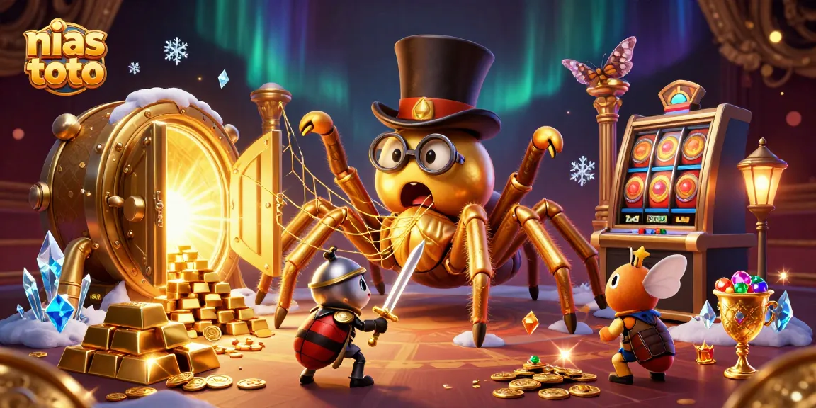 Memenangkan jackpot di nias toto dengan simbol slot dan harta karun berkilau.